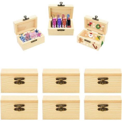 Mini Schatztruhen Holz 6er Set, Rechteckig mit Deckel, 9x5,5x5cm, DIY Bastelset für Kinder