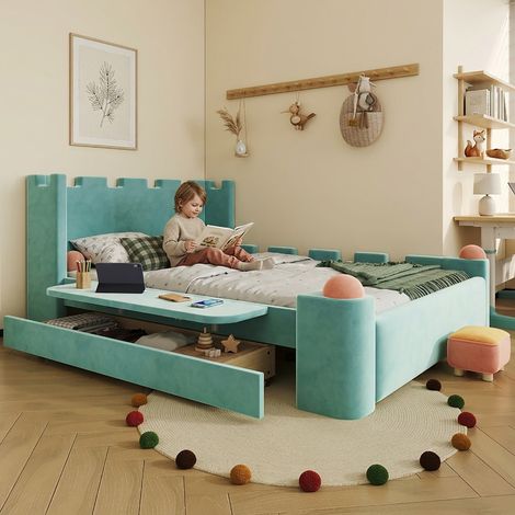 Lit double enfant capitonné, tablette latérale rabattable, tiroir de rangement, motif château, coussins moelleux anti-choc, velours français, bleu canard, 140 x 200 cm (1/4)