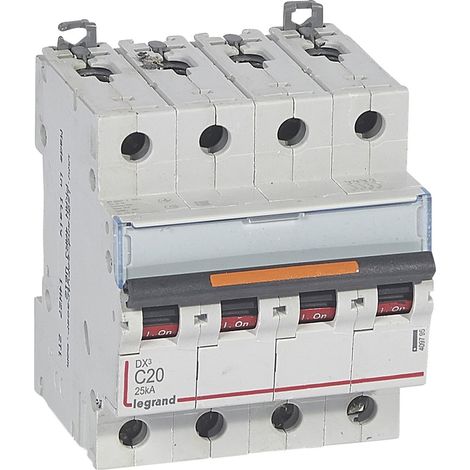 Disjoncteur DX³ 25kA arrivée haute et départ bas à vis 4 Pôles 400V 20A courbe C 4 modules LEGRAND 409795 (1/2)