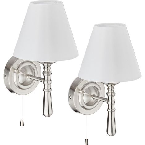 Relaxdays Wandlampe mit Schirm 2er Set, Zugschalter, Flur & Wohnzimmer, E14, Stoff, Metall, HBT 28x16x19 cm, silber/weiß (1/5)