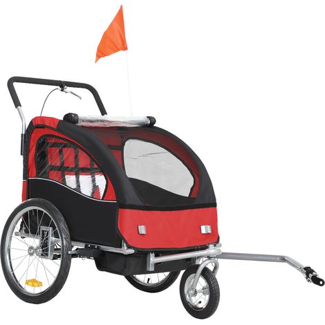 Remorque vélo enfant 2 en 1 avec ceinture de sécurité 5 points, réflecteurs, drapeau et rideau coupe-vent, rouge (1/5)