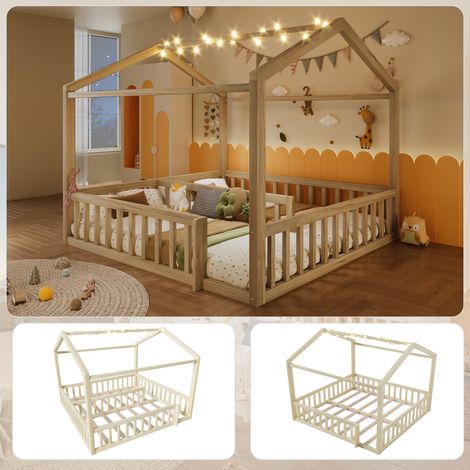 Lit enfant avec barrière sécurité LED 90x190 cm (2 lits) / 180x190 cm pin minimaliste naturel sans matelas