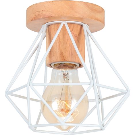 Deckenlampe 15CM Industrielle Deckenleuchte im Retro Holz Eisen Käfig E27 Lampe aus Pendelleuchte - Weiß