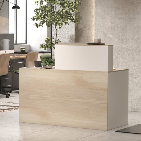 Fufu&Gaga – Comptoir de réception blanc et chêne 140x60x110 cm – Tiroir verrouillable – Rangement spacieux – Bureau d'accueil moderne