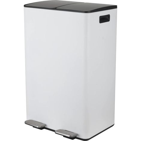 Poubelle Tri Sélectif Cuisine Capacité 60L (2x30L) à Pédale Modèle Aliya Acier Inox Brossé Couvercle Soft-Close Seaux Amovibles Poignées Latérales Design Moderne Blanc Mat (1/5)