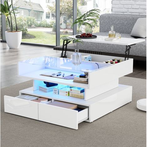 Table basse relevable 80x80 cm avec rangement, 2 tiroirs, LED, verre trempé, blanc DESVIAE (1/5)