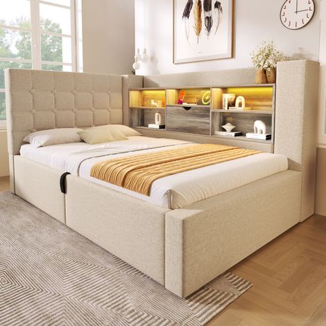DESVIAE Lit simple rembourré 90 x 200 cm avec LED ports USB et USB C rangement hydraulique tête de lit en L réversible tissu beige matelas inclus (1/5)