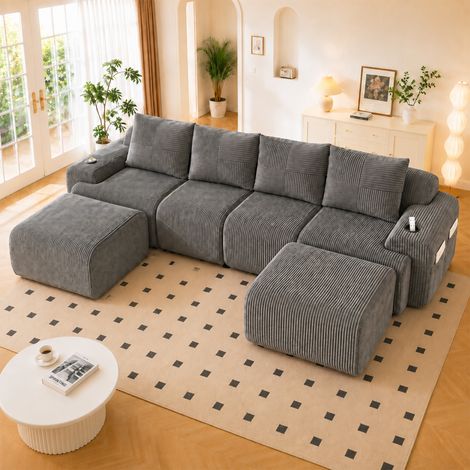 Canapé modulable en velours côtelé pour 4 personnes (avec 2 poufs), combinable à volonté, comprenant des porte-gobelets et une poche de rangement latérale, idéal pour les salons, les salles familiales (1/5)