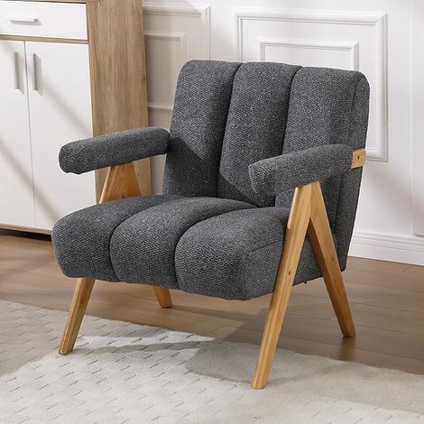 Wahson Poltrona da Salotto Imbottita in Tessuto con Struttura in Legno - Poltroncina Relax con Braccioli per Soggiorno, Camera e Studio, Grigio