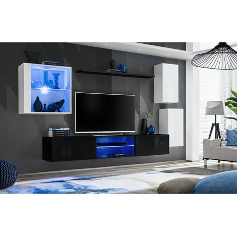 Ensemble meuble TV mural Switch XXIII - L 250 x P 40 x H 140 cm - Noir et blanc - Livraison gratuite