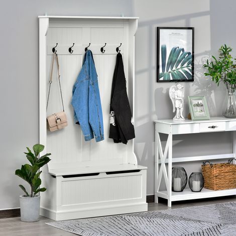 Garderobenbank mit 3-in-1-Funktion (Garderobe, Sitzbank und 5 Haken), Aufbewahrungsbank für Wohnzimmer/Flur, 96 x 34 x 179,7 cm, cremefarben