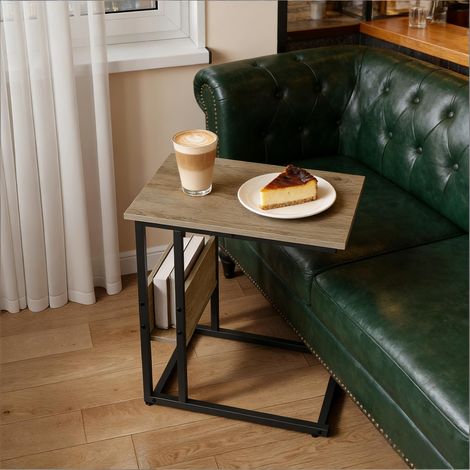 Mesa auxiliar en C con estante lateral, extremo de sofá estrecho en madera efecto gris y metal, 55x36x59,5 cm
