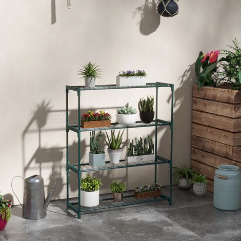 Soporte para plantas de acero verde oscuro 89x28x107 cm para balcón y jardín FloraGrace (1/5)