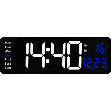 Horloge murale numérique LED 16 pouces avec grand écran, thermomètre, calendrier, alarme, nordique, décoratif - Lumière bleue (1/5)