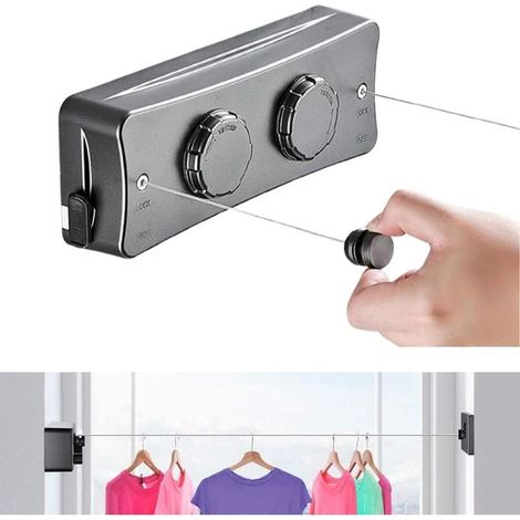 Corde à Linge Rétractable pour Balcon, 2 x 5,1M Acier Inoxydable Fil a Linge Extérieur Retractable, Etendoir Linge Exterieur Retractable, Corde à Linge Murale Intérieur (1/5)