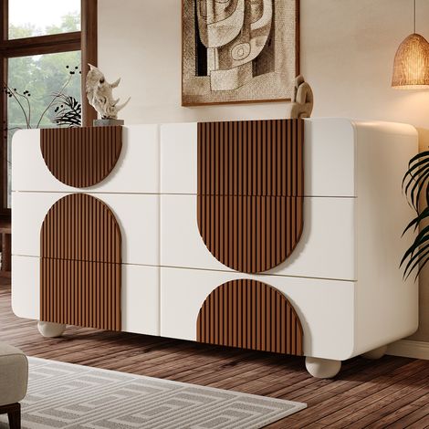 Buffet moderne 121x41x71cm - avec 6 tiroirs coulissants silencieux - conception géométrique - Blanc + Marron