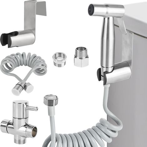 Set douchette bidet inox - 1 ensemble complet - Acier 304 robuste - Valve 3 voies anti-fuite - Hygiène personnelle et nettoyage - Argenté G1/2 et G3/8 (1/5)