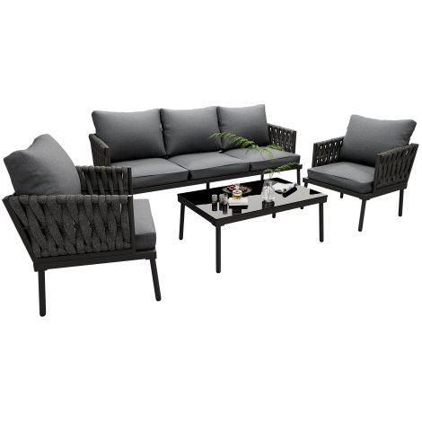 Salon de jardin transats canapé 3 places fauteuils table verre corde gris (1/5)