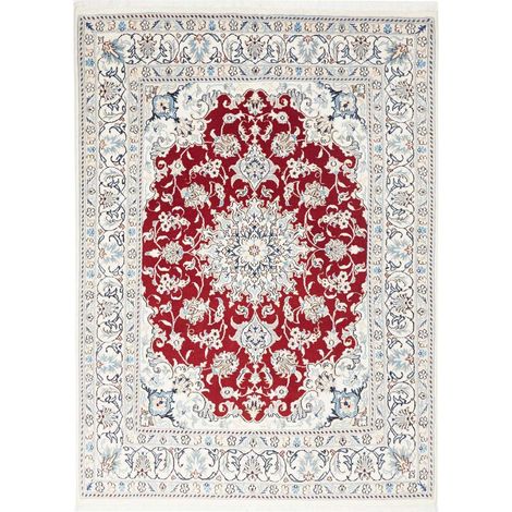 Tapis d'orient, 145 x 200 cm, motif oriental, rouge, bleu et crème, en laine naturelle, noué à la main (1/5)