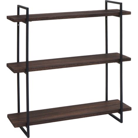 Etagère murale HWC-K78 - étagère suspendue Schweberegal - 3 étagères en bois massif Industrial 60x60x18cm - brun foncé - métal n (1/5)