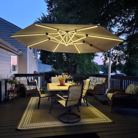 PURPLE LEAF Parasol 3,3 m Rond de Terrasse, Parasol Déporté avec Rotation à 360°, Double Toit Ventilé, Panneau Solaire Intégré et 8 Baleines LED en Aluminium, pour Jardin, Arrière-cour et Piscine, Bei (1/5)