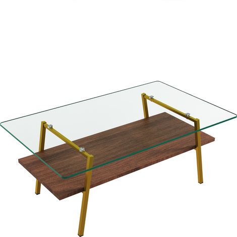 Table basse en verre trempé, table basse rectangulaire, pieds en métal, table de salon moderne, doré et marron-H42.5/B98/T58 cm (1/5)