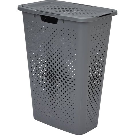 SUNDIS Pixel, portabiancheria con copercho, 40l, plastica riciclata, grigio, ideale per piccoli spazi, 2 maniglie laterali e 1 maniglia inferiore, ventilazione su 4 lati (1/5)