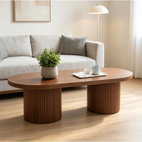 Table basse ovale 100x50x35 cm, table de salon style rétro, structure stable, MDF finition noyer (1/5)