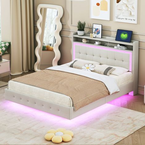 Lit rembourré classique 140x200 cm beige, avec tête de lit, prise USB, éclairage LED et sommier à lattes (1/5)