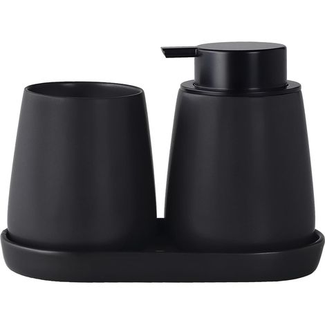 Ensemble d'accessoires de salle de bain noir mat - Distributeur de savon en céramique 3 pièces, ensemble d'accessoires de dressing avec distributeur de lotion rechargeable pour les mains, porte-brosse (1/5)