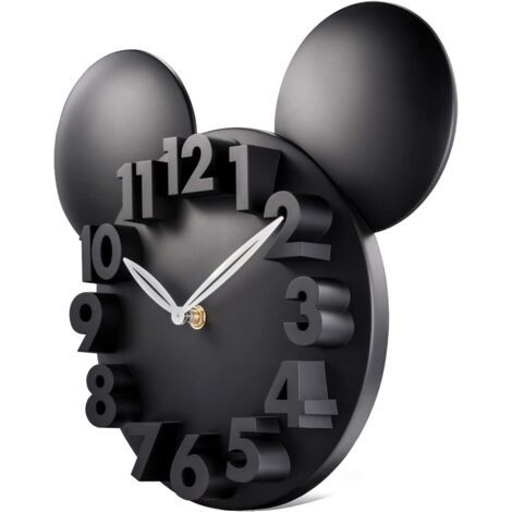 Horloge Murale Enfant Mouse Noire Chiffres 3D Pendule Murale Quartz pour Chambre Ecole Maternelle 32x28cm