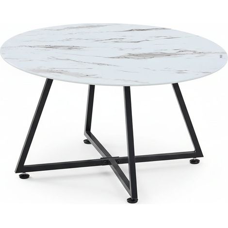 Table Basse Ronde HELOISE Métal Noir Plateau Céramique Effet Marbre Blanc D80xH45cm (1/5)