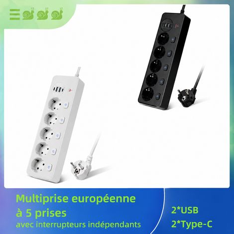Multiprise européenne 5 prises avec interrupteurs individuels et 4 ports USB Type-C noire noir 625 g – Livraison gratuite (1/5)