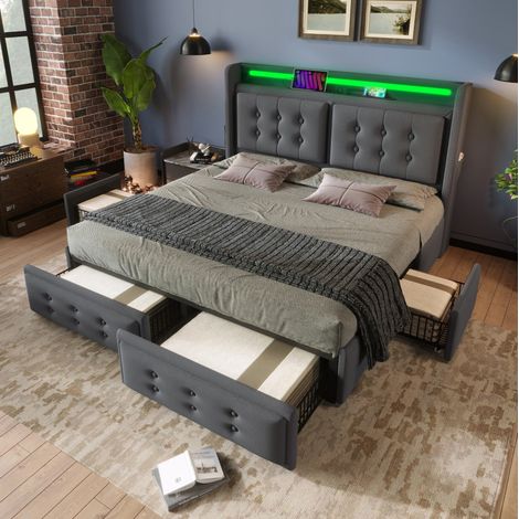Lit tapissé 160/200 cm gris en coton et lin avec LED, rangement et ports de charge (1/5)