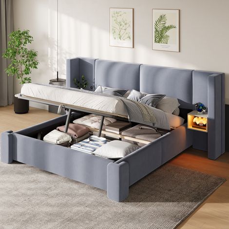MODFU – Lit coffre 180x200 cm lin beige – Rangement hydraulique et chevets LED 7 couleurs – Charge 170 kg –  Gris (1/5)
