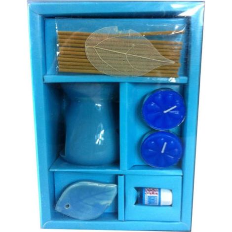 Set completo per aromaterapia blu con bruciatore in ceramica e bastoncini di incenso