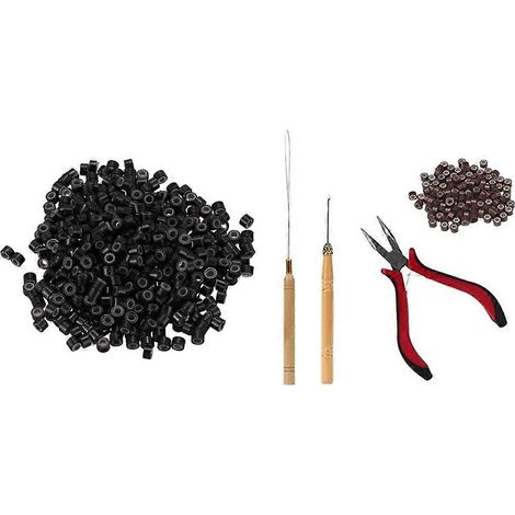500 micro-anneaux noirs de 5 mm doublés de silicone et 1 kit d'outils pour extensions de cheveux (pince, crochet, goupille de traction). (1/5)