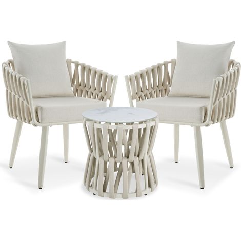 3 Pièces, ensemble alu, 2 chaises, design corde, intempéries, beige (1/5)