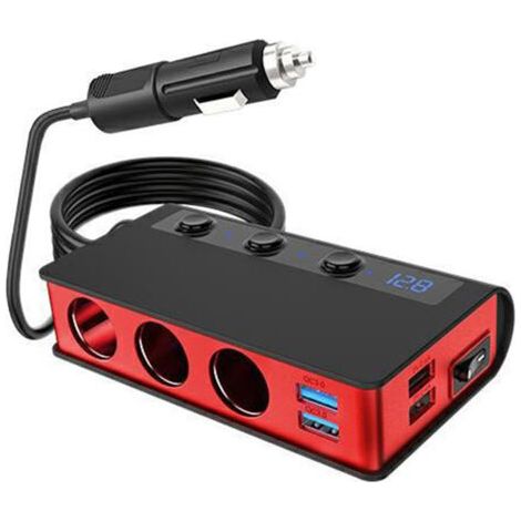 Kfz-Zigarettenanzünderbuchse für ein bis drei Geräte mit Schalter, 4 USB-Anschlüsse, 180 W, Hochleistungs-Schnellladefunktion QC3.0, rot