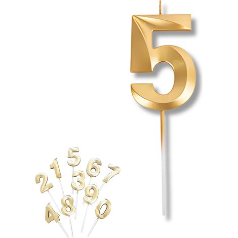 Bougies à Gâteau Chiffre Doré 5 – Bougie Numérique pour Anniversaire, Fête et Célébration – Idéal pour Décoration de Gâteau – Bougies, Longue Durée (1/5)