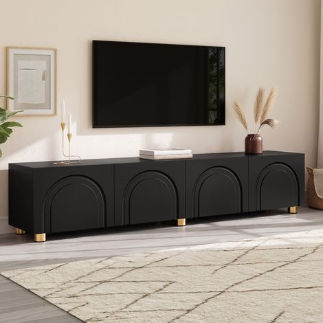 Mobile TV lowboard nero 180 cm, 4 ante con rilievo ad arco, piedi in metallo, OKWISH (1/5)