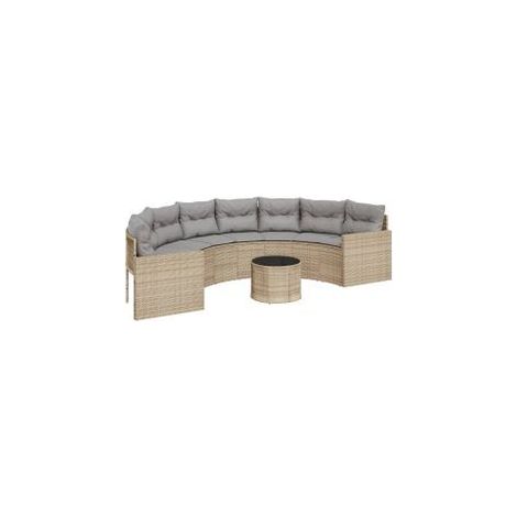 Canapé de jardin table coussins demi-rond beige résine tressée (1/5)
