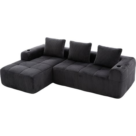 Canapé compact en velours côtelé – doux, modulaire et pratique au quotidien, avec poche latérale et porte-gobelet. Confort haut de gamme pour de longues assises, avec 3 coussins inclus. Idéal pour le (1/5)