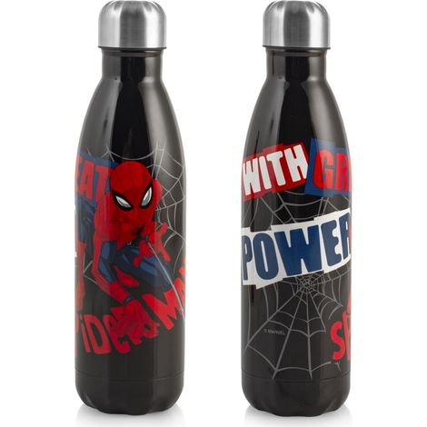H&H, Bottiglia Termica Spiderman Black Marvel in Acciaio Inox 18/10-0,5 L, Mantiene le Bevande Calde per 12H e Fredde per 6H