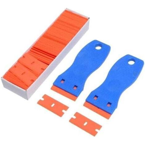 Grattoir plastique 2 pièces + 100 lames remplaçables pour vitrocéramique, verre et surfaces délicates – idéal pour étiquettes, peinture, autocollants (1/5)