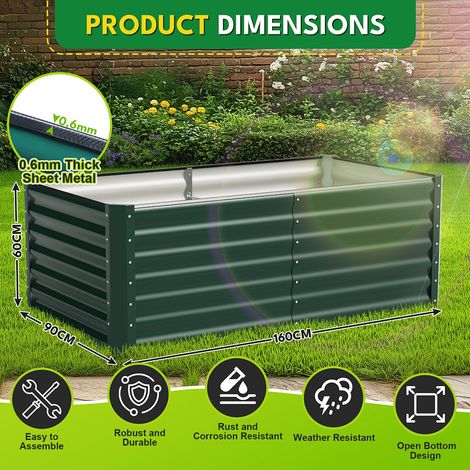 Randaco Aiuola rialzata 160x90x60cm, altezza ergonomica salva schiena, fioriera in acciaio zincato 0,6mm stabile e robusta, fondo aperto, Verde