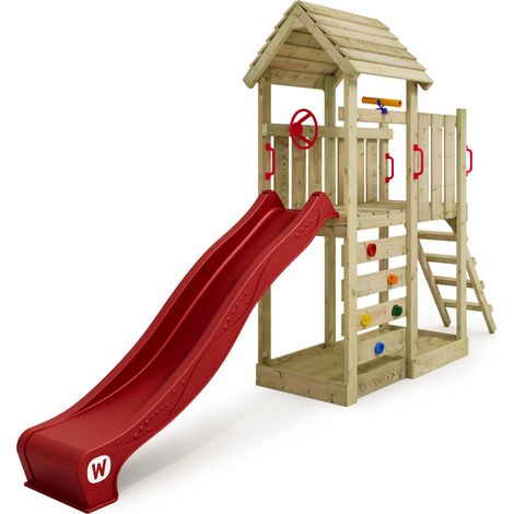 Wickey Stelzenhaus Klettergerüst JoyFlyer mit Rutsche, Kletterturm mit Sandkasten, Leiter & Spiel-Zubehör - rot