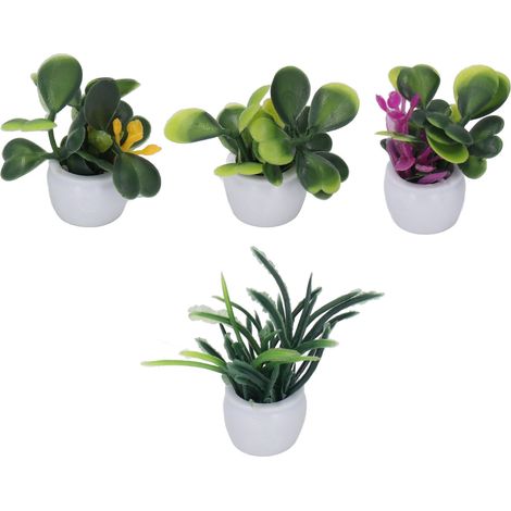 Lot de 4 plantes miniatures en pot pour maison de poupée (fleurs artificielles miniatures, petits bonsaïs) à l'échelle 1:12. Décoration de jardin pour maison de poupée. (1/5)