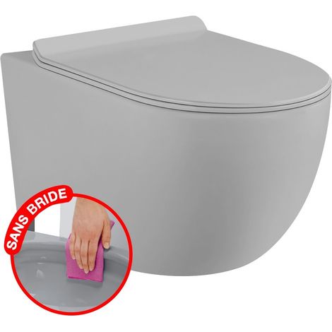 Coribi – WC suspendu sans bride gris matt – Cuvette Rimless avec abattant fin et frein de chute – Hygiénique et performant