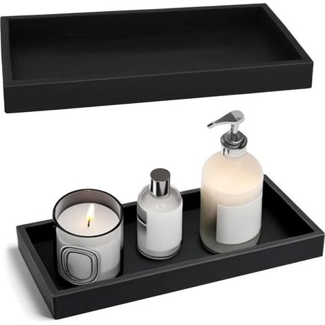 2 x Schwarzes rechteckiges Tablett, Badezimmertablett, Dekotablett, rutschfestes Tablett für Waschtisch, Badewanne, Waschbecken (1/4)
